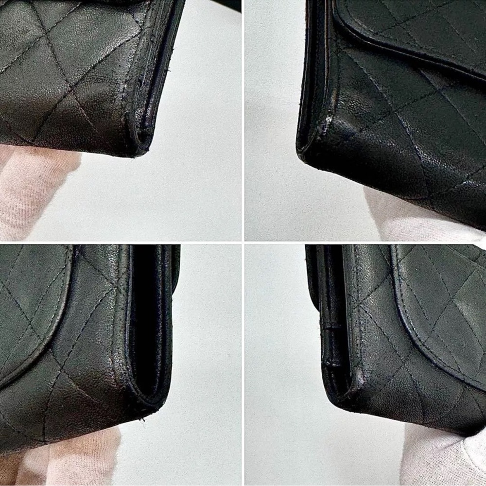 Chanel quilted mattelasse lambskin black trifold long wallet - Picture 7 of 14